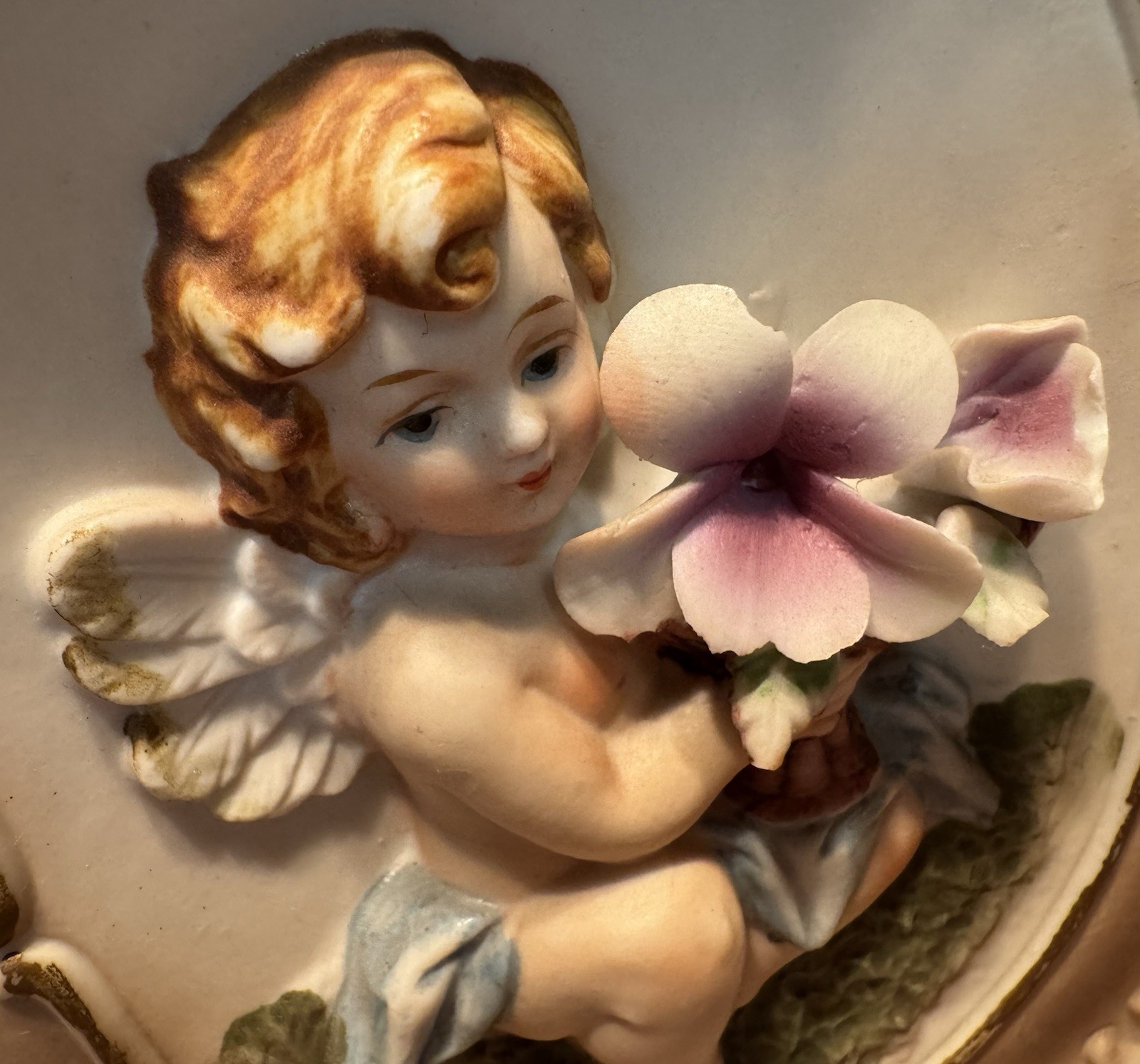 Vintage Blonde Cherub Chintz Botanical Decor Planter Boudoir Wall Vase Porcelain