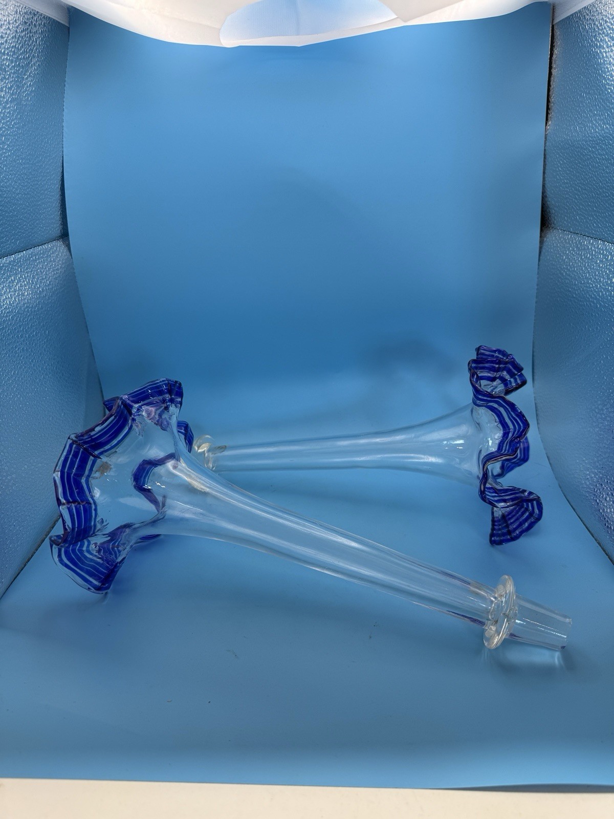 Pair Hand Blown Art Glass Trumpet Vases Clear w/ Cobalt Blue Ruffled Rim
