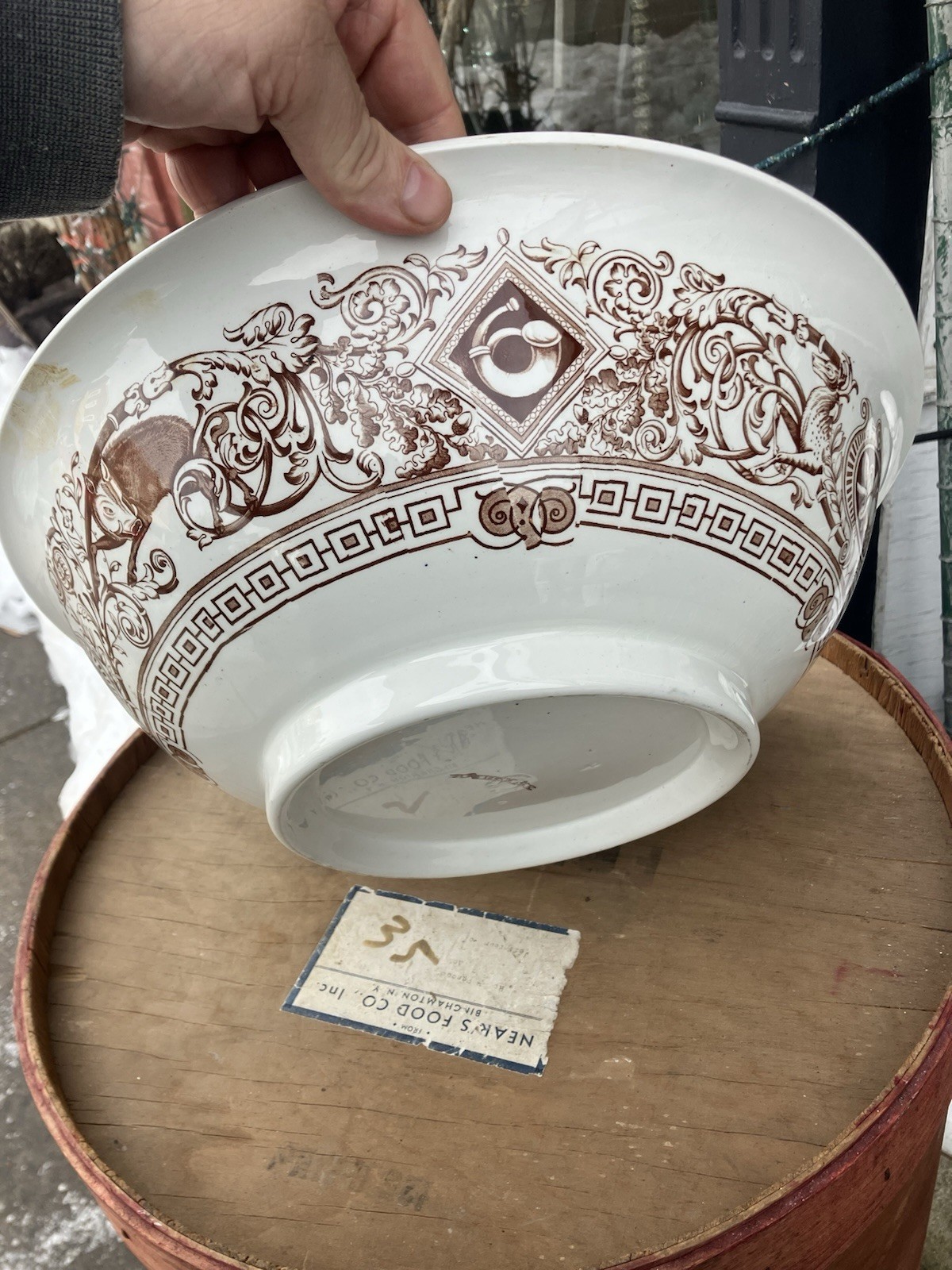 Antique Brown Transferware Wash Basin Bowl Ironstone Stag Boar Hunt Brownfield