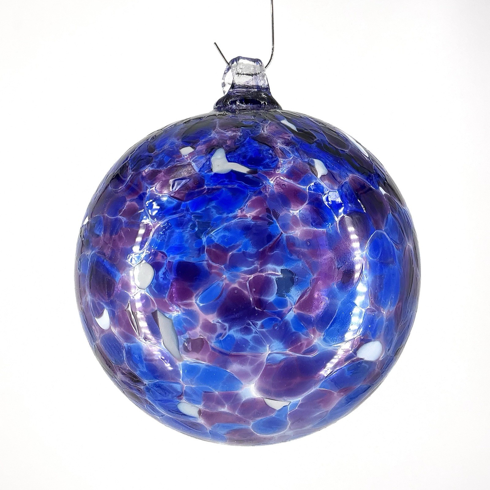 Studio Art Blown Glass Ornament Witch Ball Blue Purple Confetti 4” Large 001