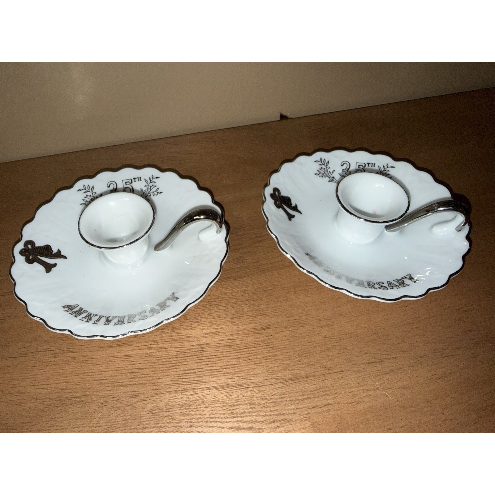Lefton China 25th Anniversary Candle Holders Pair Silver Trim Porcelain 6940