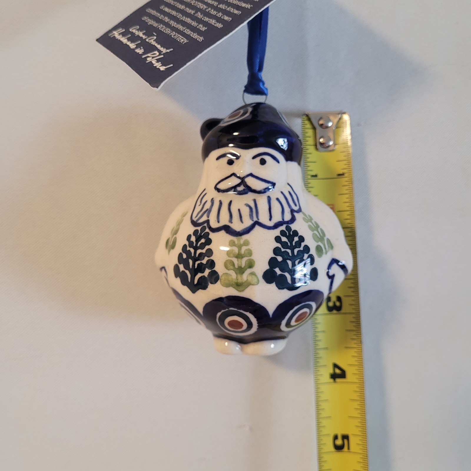 Manufaktura Polish Pottery Ceramic Ornament Christmas Santa with Trees NWT