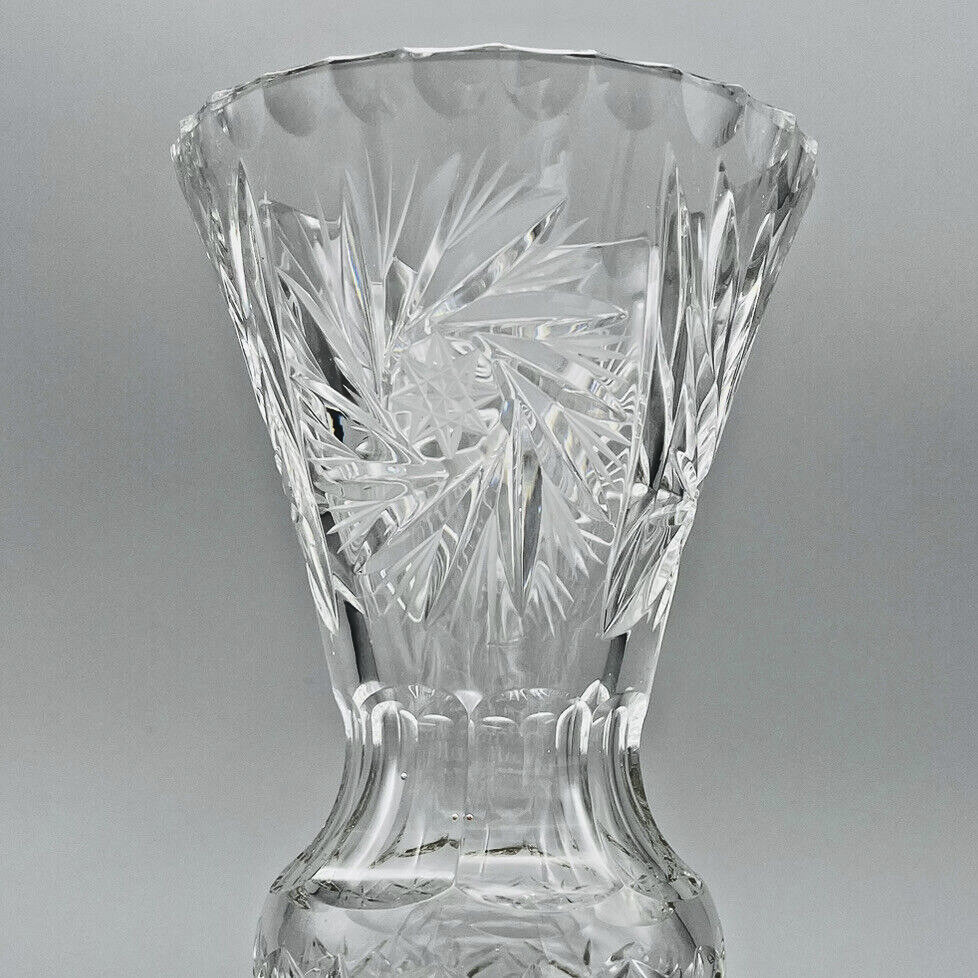 VTG Cut Crystal Trumpet Vase Pinwheel Starburst Formal Ornate Metal Footed Base