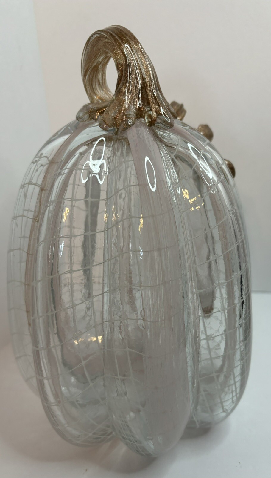 BLOWN GLASS CLEAR, WHITE, GOLD, LIGHT PINK FALL PUMPKIN ART GLASS DECORATION #1