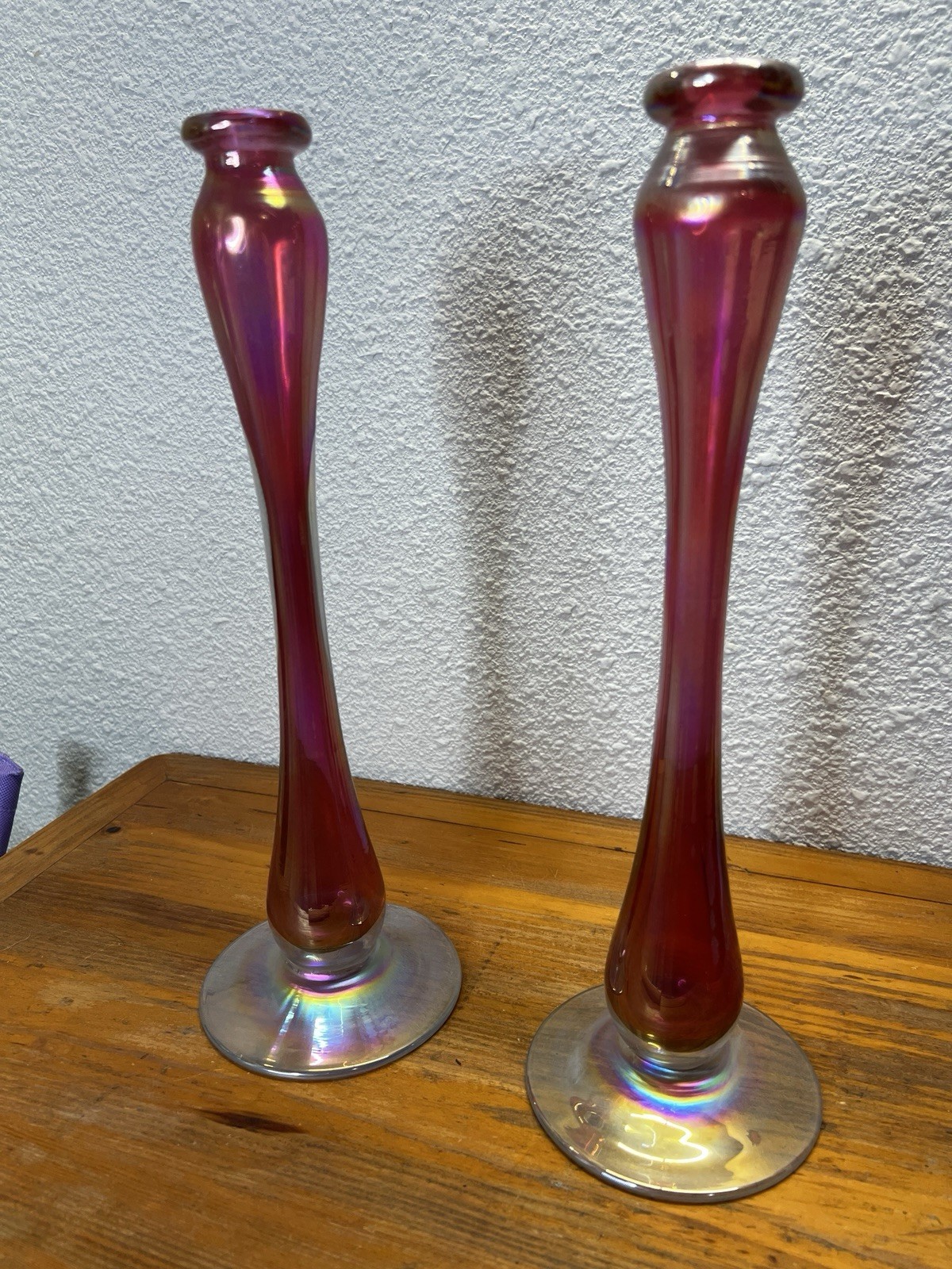 Silvestri Mouth Blown Glass Candlesticks Pink Iridescent Pair Taper Holders