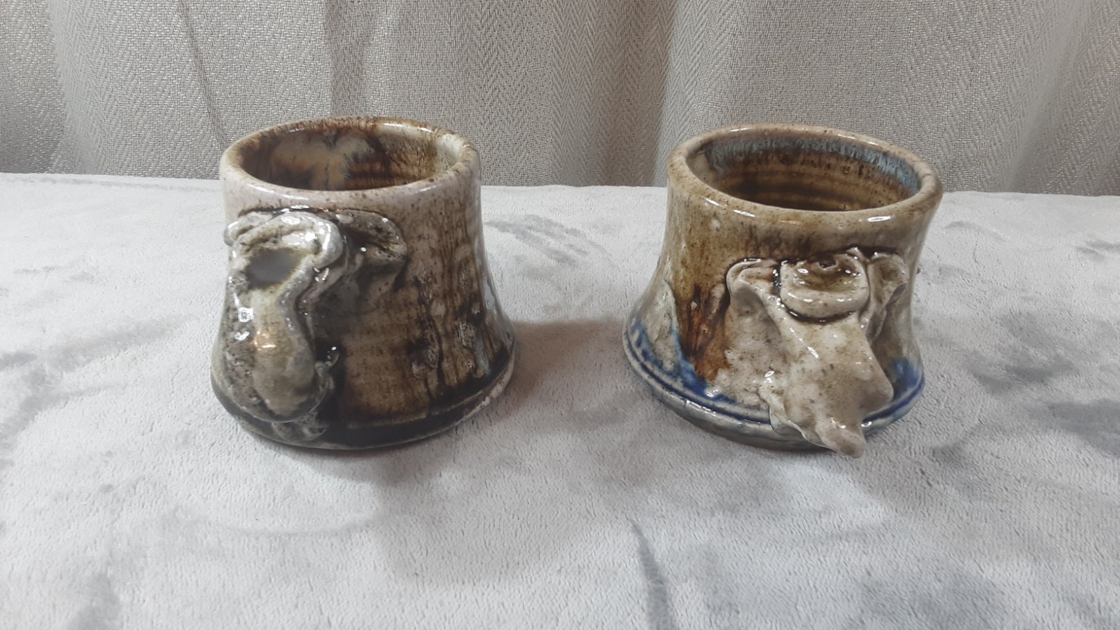 Signed Studio Pottery Mugs Hand Thrown Stoneware Pair Ash/Shino Glaze Vintage