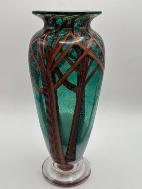 Orient & Flume Art Glass Vase ” Snow Storm” Teal Forest Scene S. Beyers
