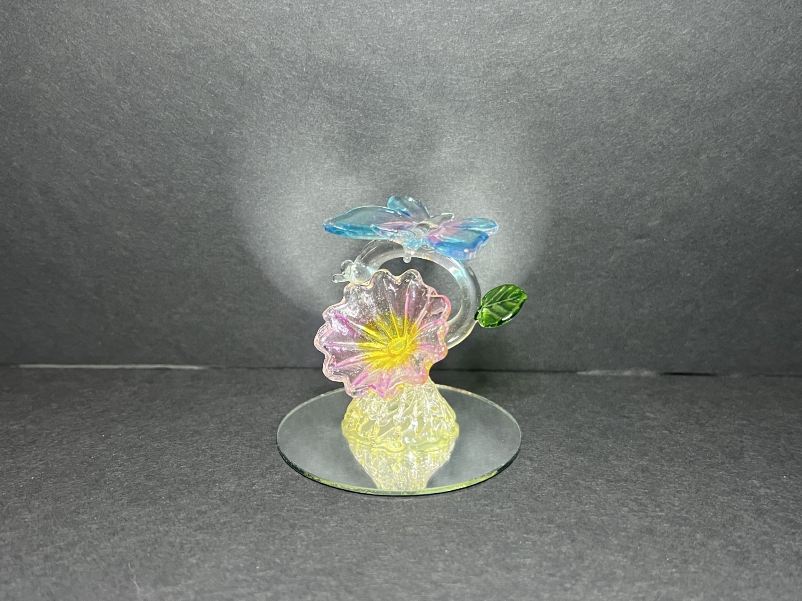 Hand Blown Spun Art Glass Decorative Pink & Blue Butterfly on Flower Figurine