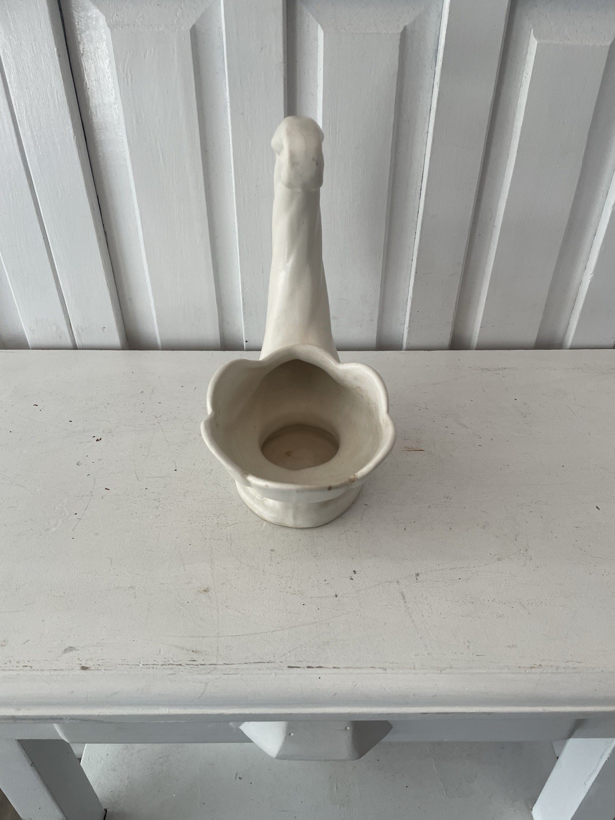 McCoy vintage ceramic cornucopia, horn of plenty cream vase or planter, 8″ tall