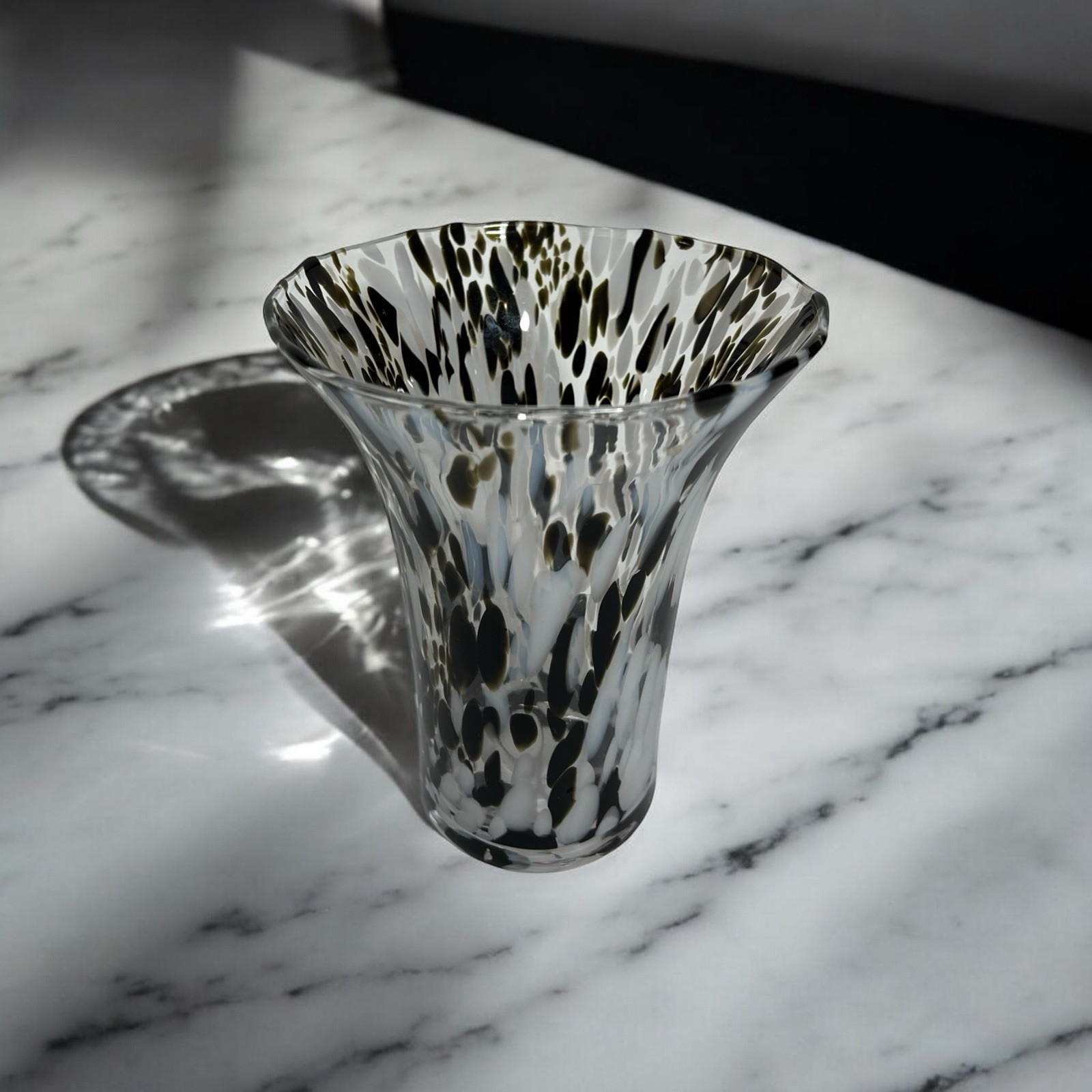 Vintage Hand Blown Art Glass Vase Black White Spatter Confetti Flared 7”