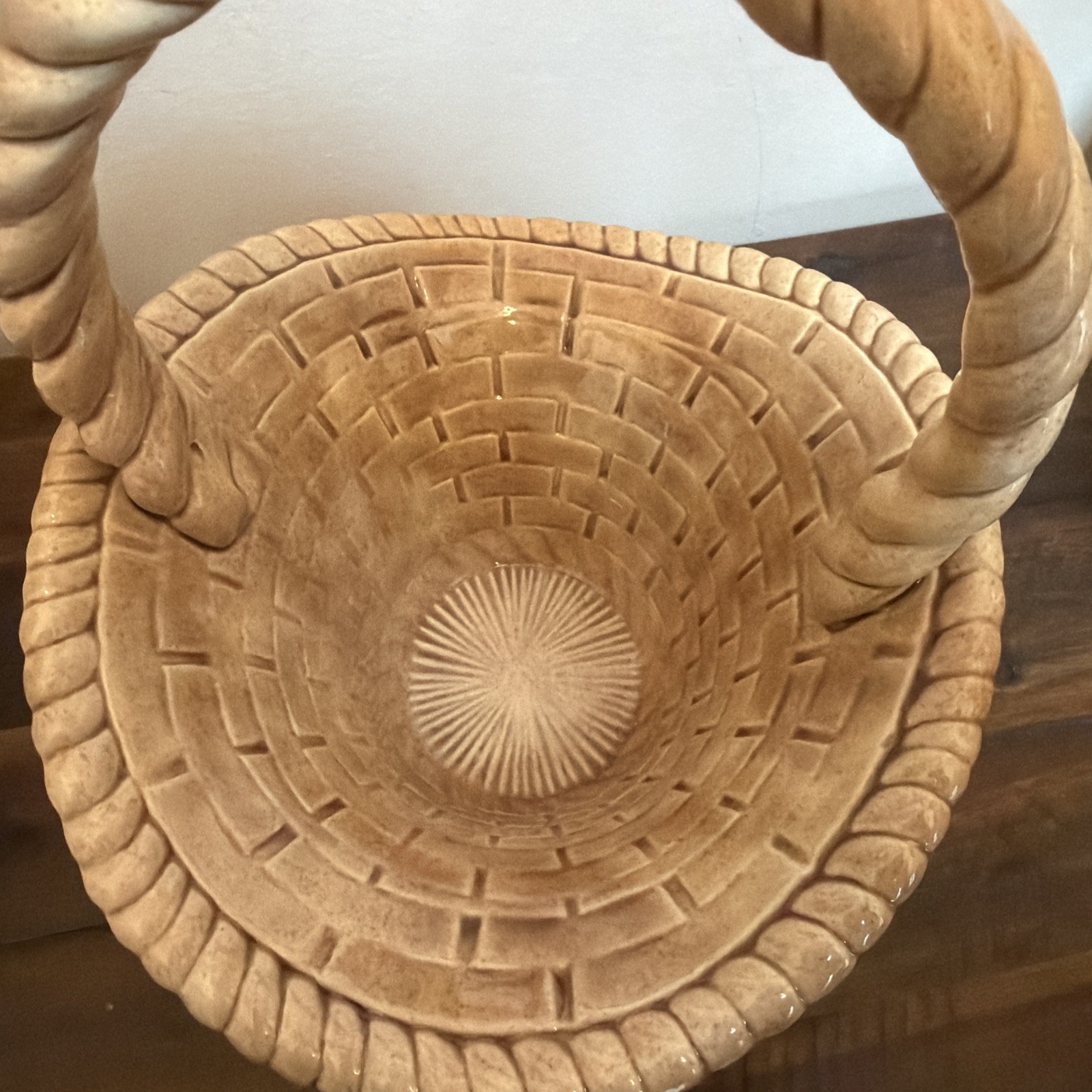 Vintage Handmade Ceramic Brown WOVEN BASKET WITH HANDLE. Signed EB