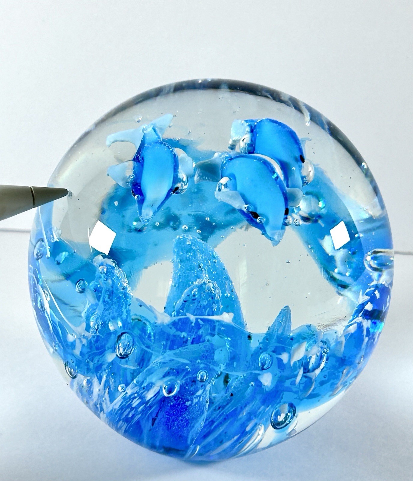 Art Glass Paperweight Dolphins And Under Water Oceanscape Blues