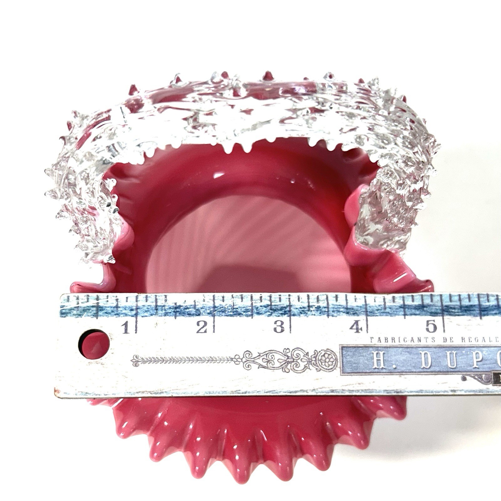 Antique Victorian Cranberry Art Glass Basket w Thorn Handle Ruffled Edge Hexagon