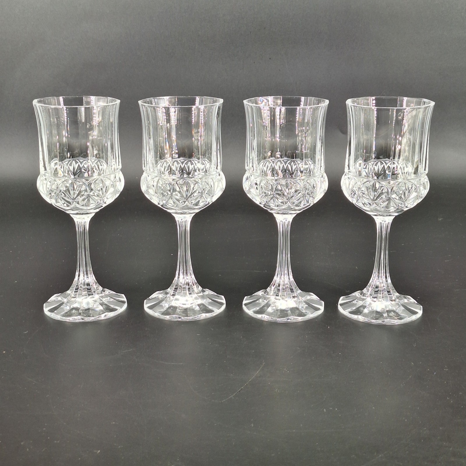 4 Vintage Cristal d’Arques Durand Wine Glasses Longchamp 6.5″ Tall