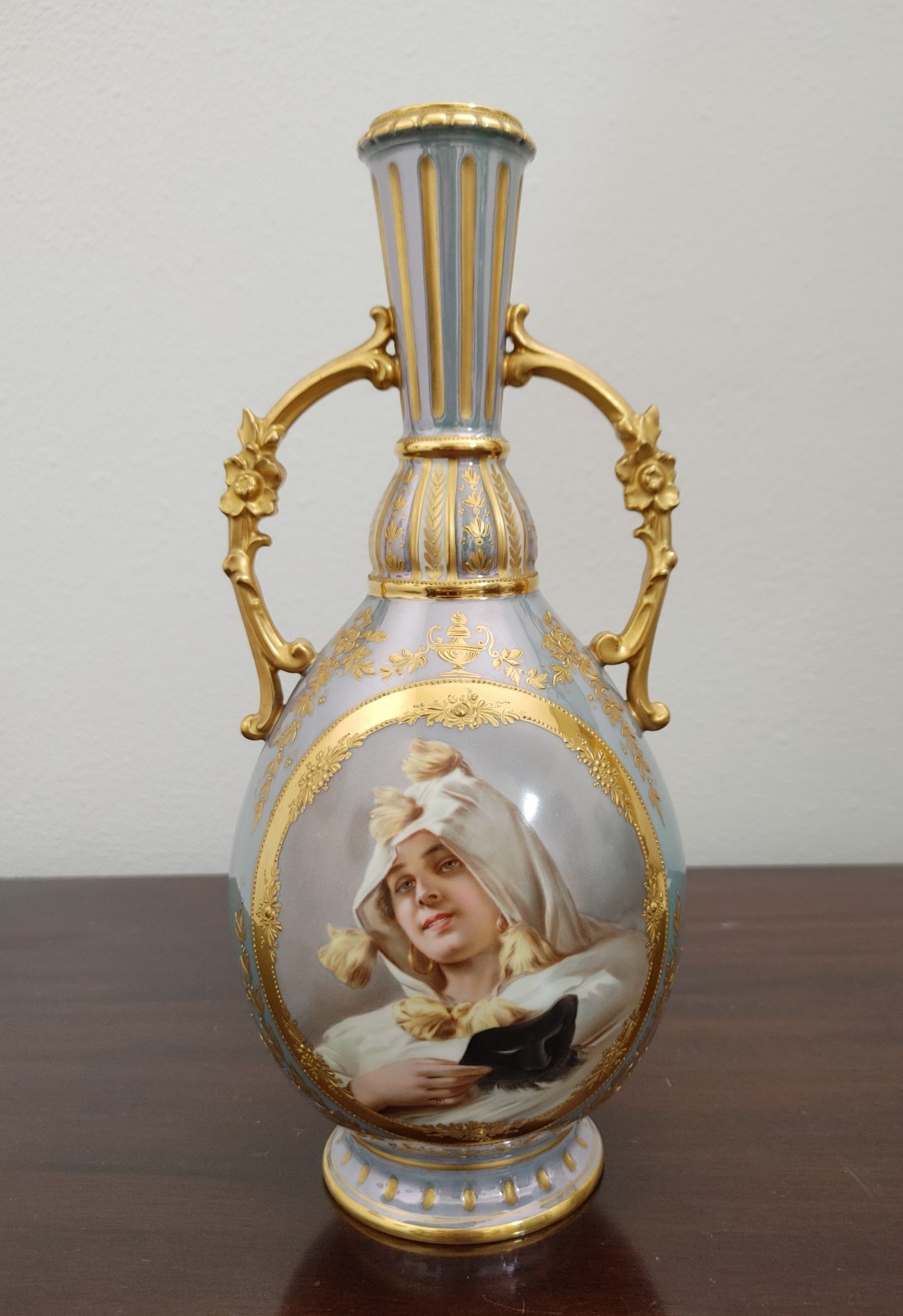 Royal Vienna 11 ¾” H.P. “Woman with Opera Mask” Two-Handled Vase- “Wagner”