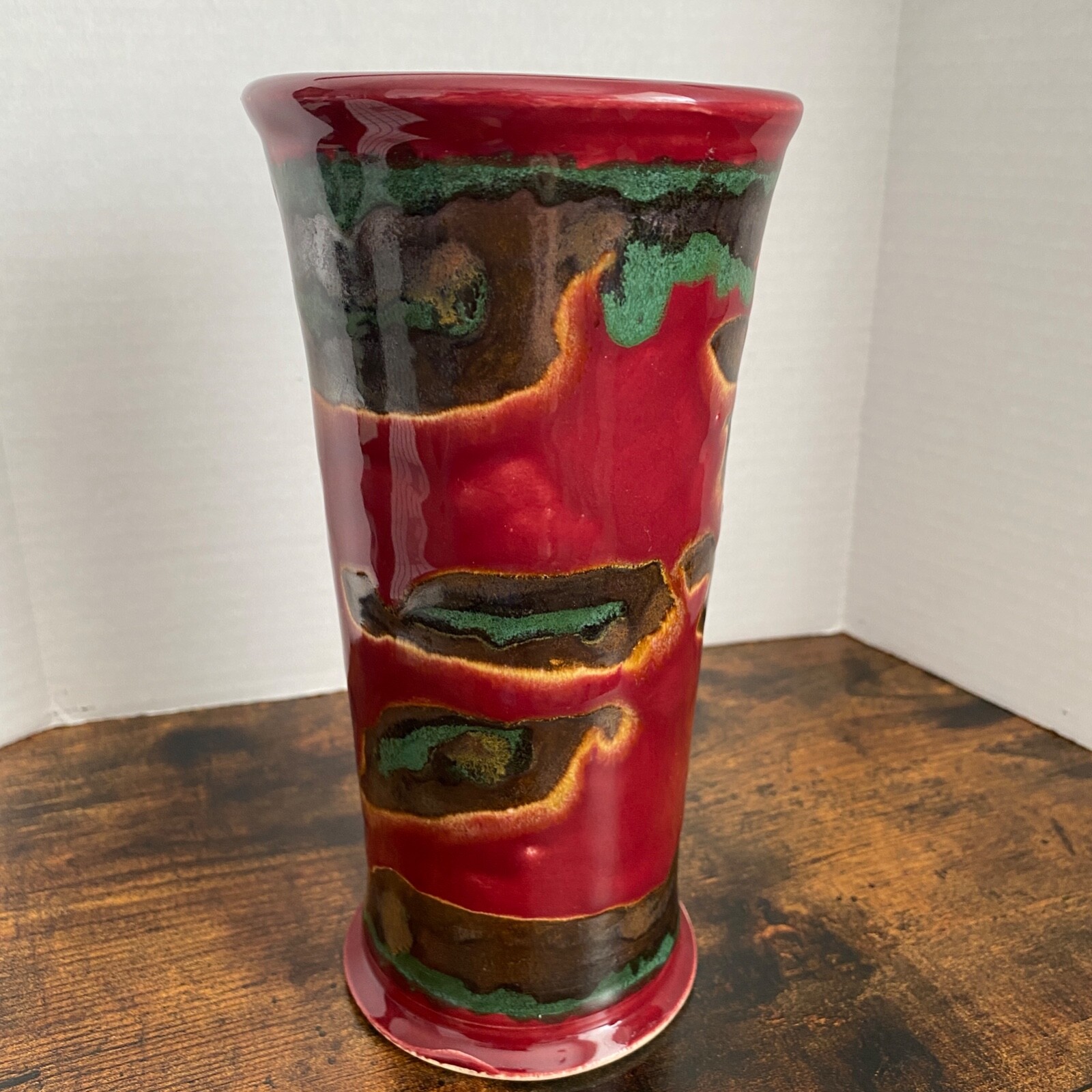 Studio Art Lava Drip Glaze Vase Pottery Red Green Vintage Signed by Artist
