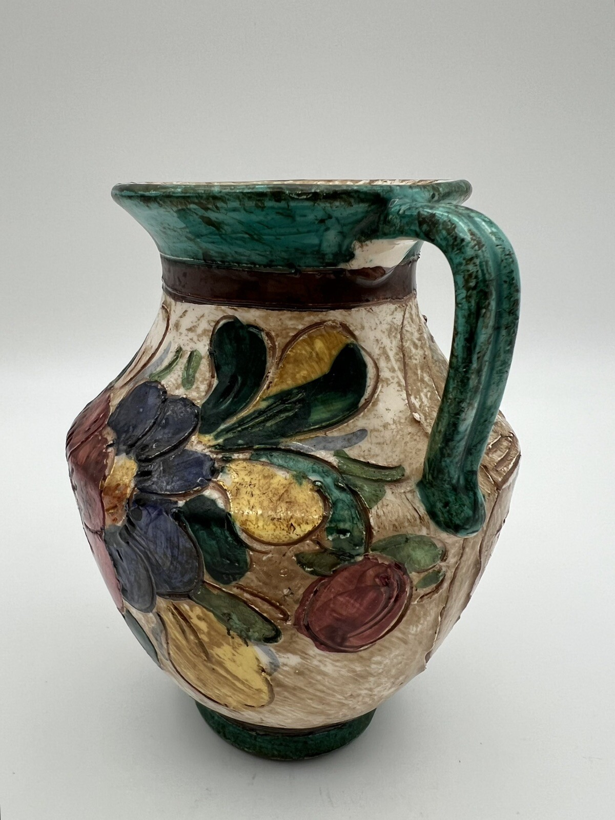 Italian Art Pottery Hand Painted Double Handle Vase 5” Flowers & Boat Signed