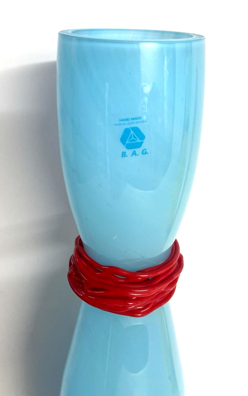 Rony Plesl Czech Art Glass Turquoise & Red Vase Hand Blown Signed 13″