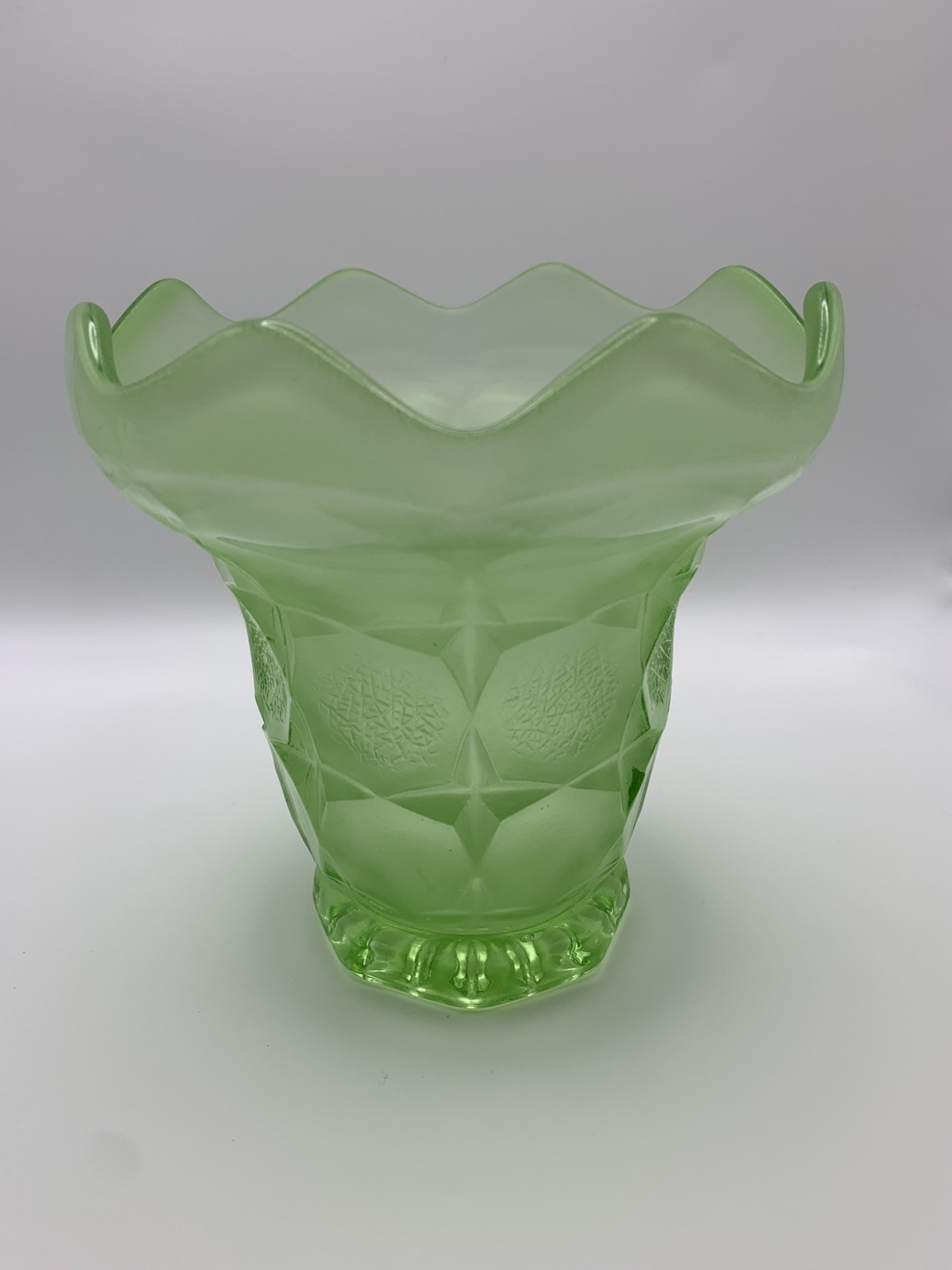 Vintage Green Art Deco Frosted Glass Vase Pressed Glass 1930s 13.5cm