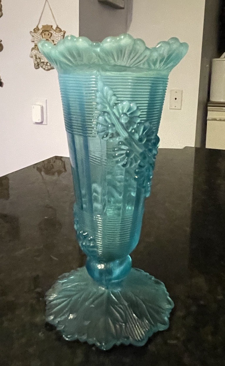 Northwood Fluted Aqua Blue Opalescent Glass w/Flowers Footed Vase~Vintage~
