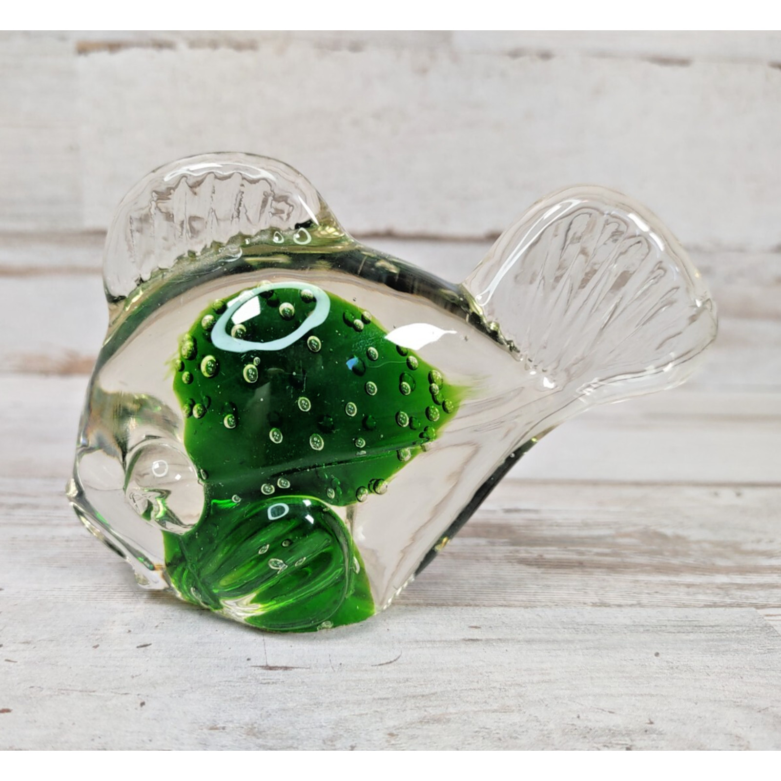Vintage Controlled Bubble Hand Blown Glass Fish Koi Paperweight Green and Clear