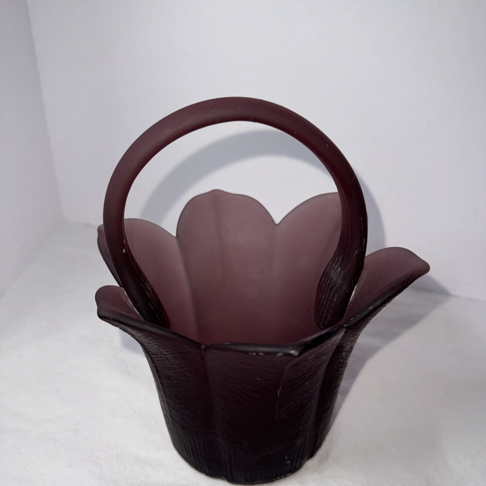 Vintage Purple Flower Petals Leaves Matte Finished Satin Art Glass Basket Vase