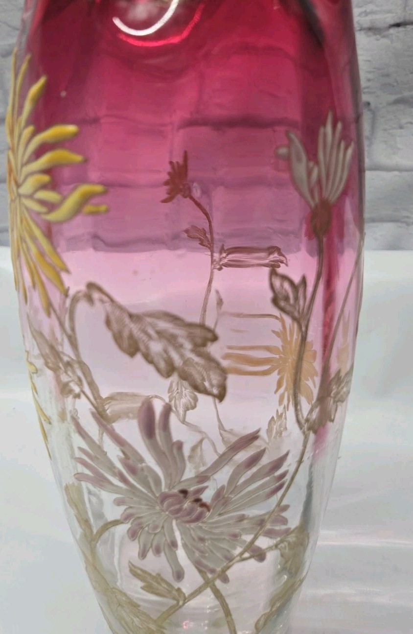 ANTIQUE LEGRAS ENAMELED MT JOYE ST. DENIS CHRYSANTHEMUM DECOR RUBINA GLASS VASE