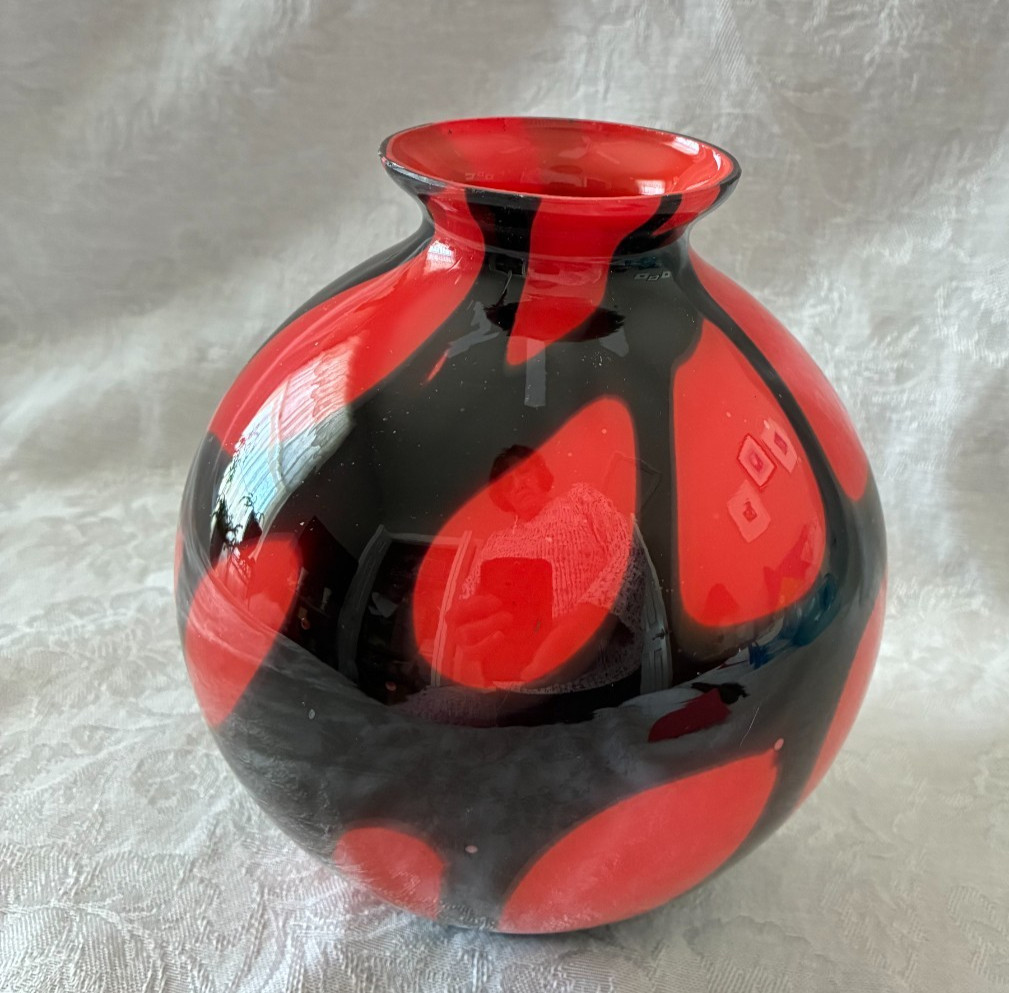 Czechoslovakia Art Glass Black and Red Round Vase