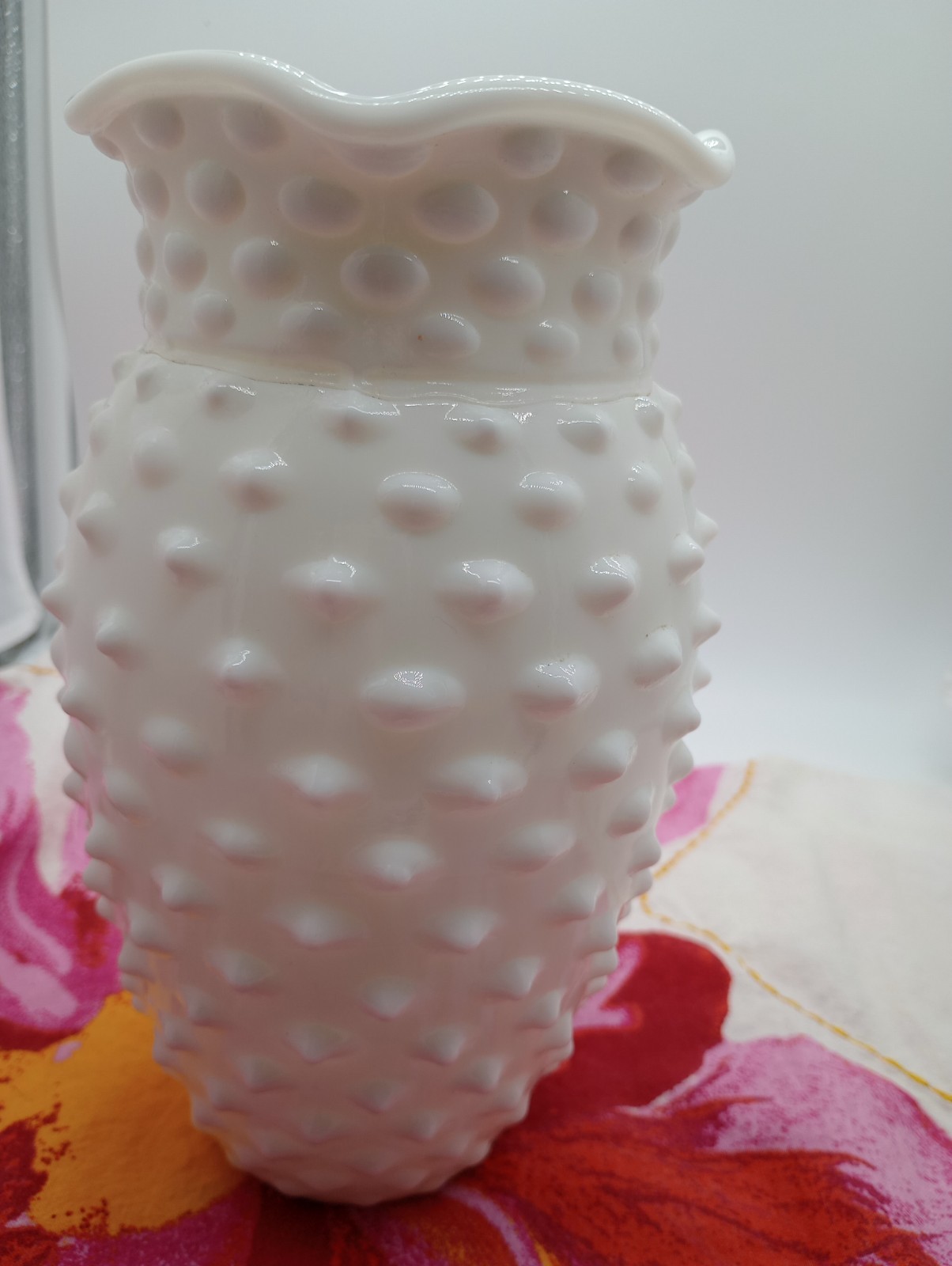 Vintage White Milk Glass Hobnail Vase 8″ tall Ruffled Rim