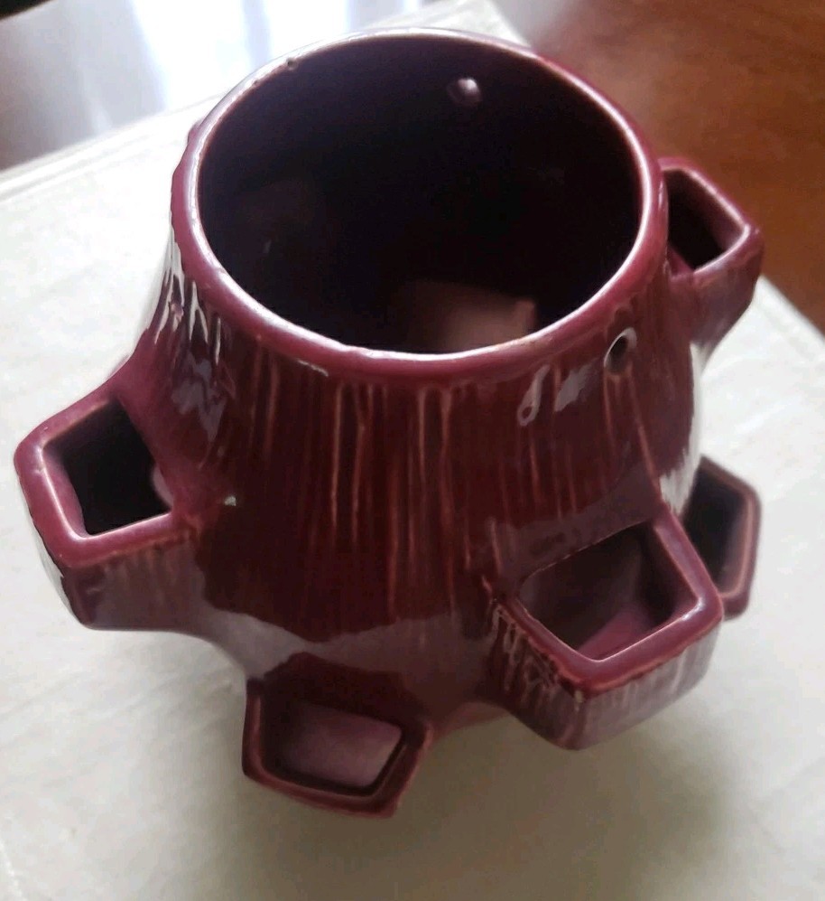 McCoy Vintage 1950s Pottery Maroon Strawberry Pot Hanging Basket Planter