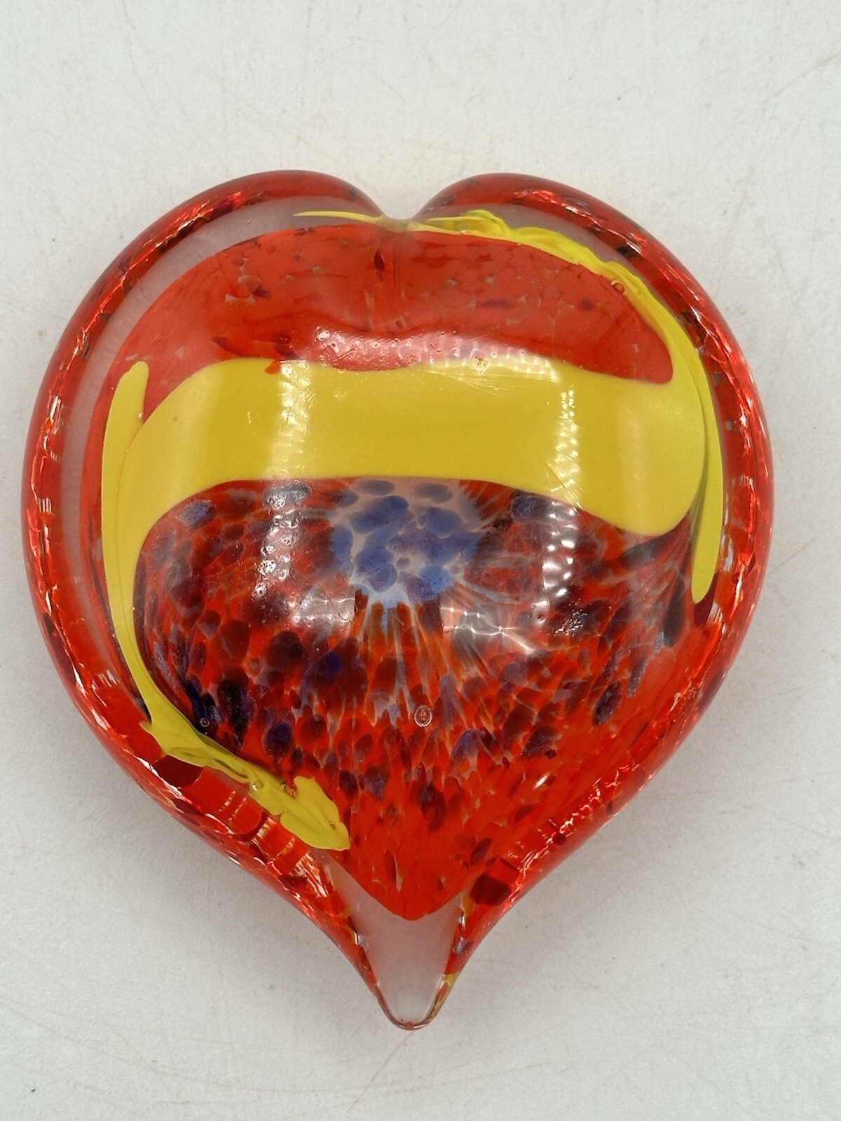 Art Glass Blown Paperweight Heart Shaped Orange And Yellow Clear Cased