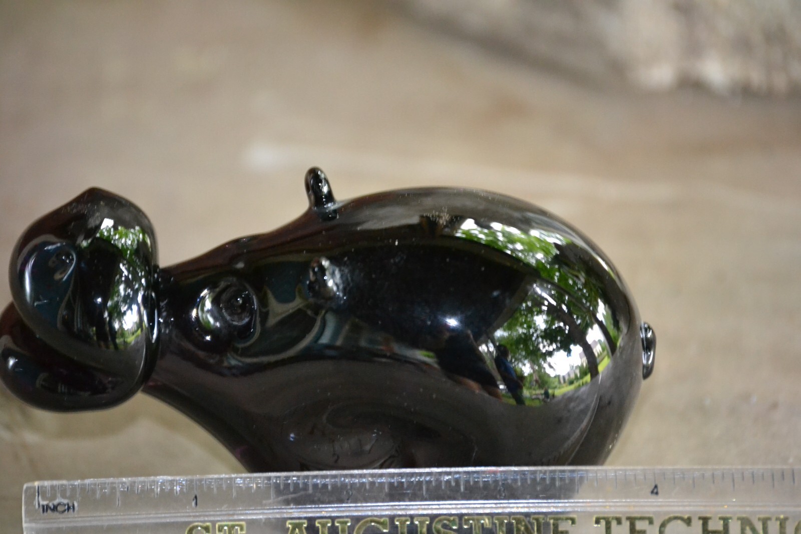 Modern Black Solid Art Glass Hippo Figurine Sherman Signed! Hand Blown 4 inches