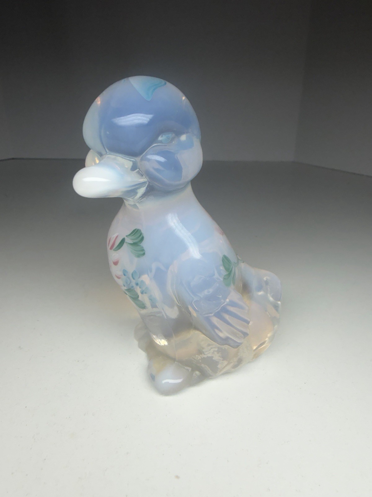 Fenton French Opalescent Glass Duckling Figurine Floral Duck SIGNED Vintage Box
