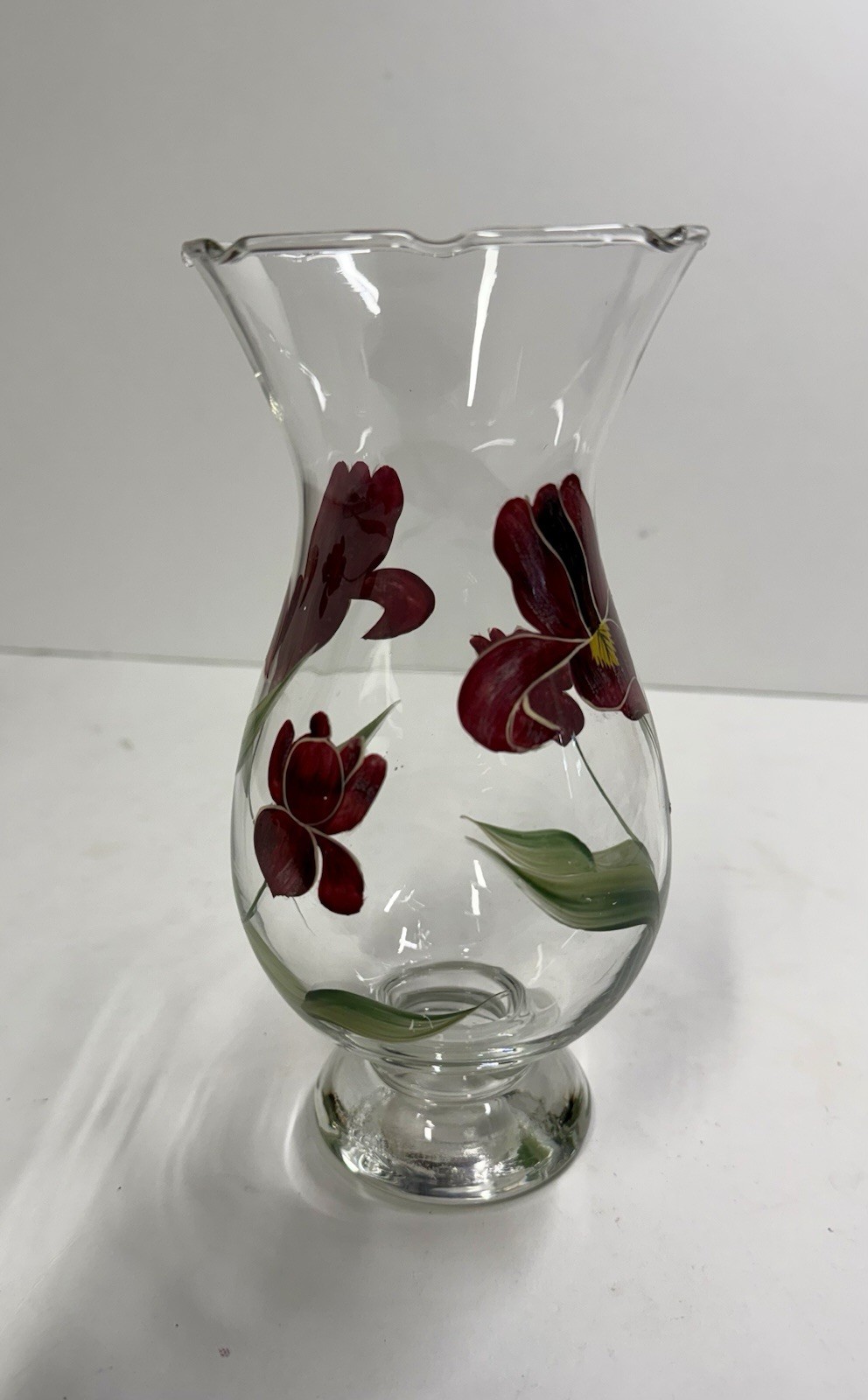 Gibson Art Glass LIANNA Hand Painted Purple Iris Flower Ruffled Edge Vase 8”