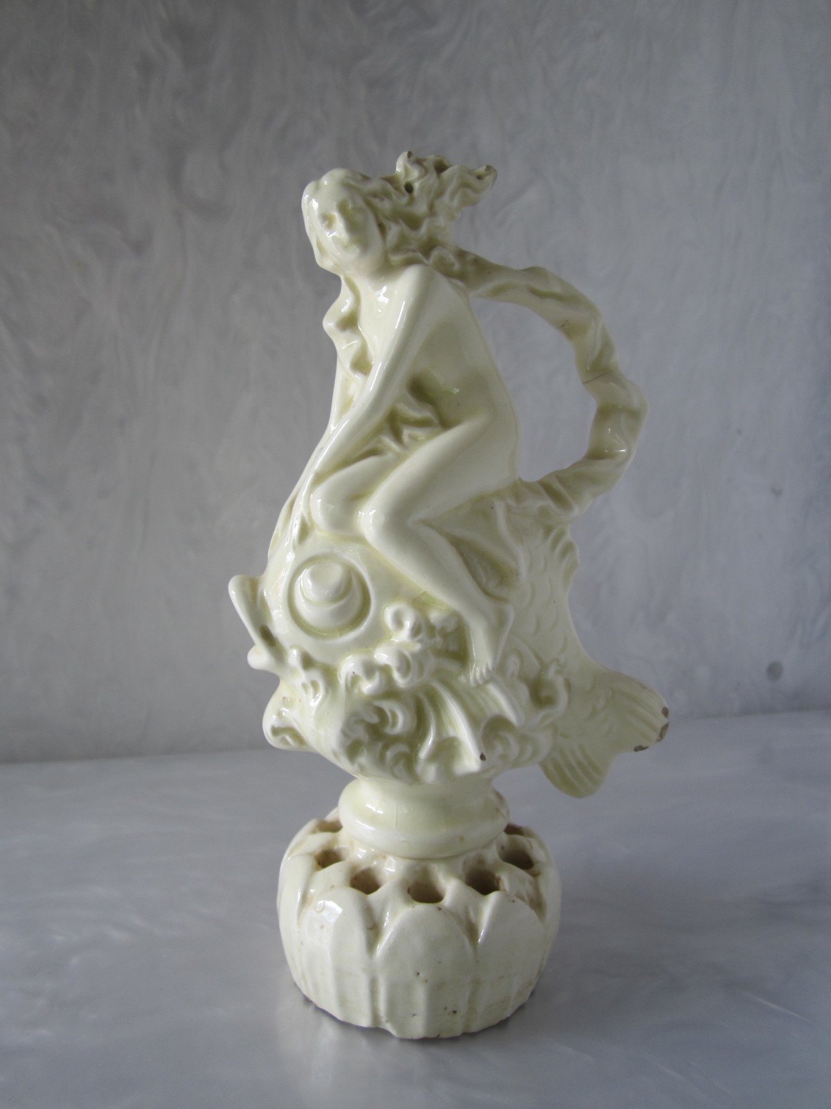 ANTIQUE ART NOUVEAU GERMAN PORCELAIN MERMAID RIDING FISH FIGURAL FLOWER FROG
