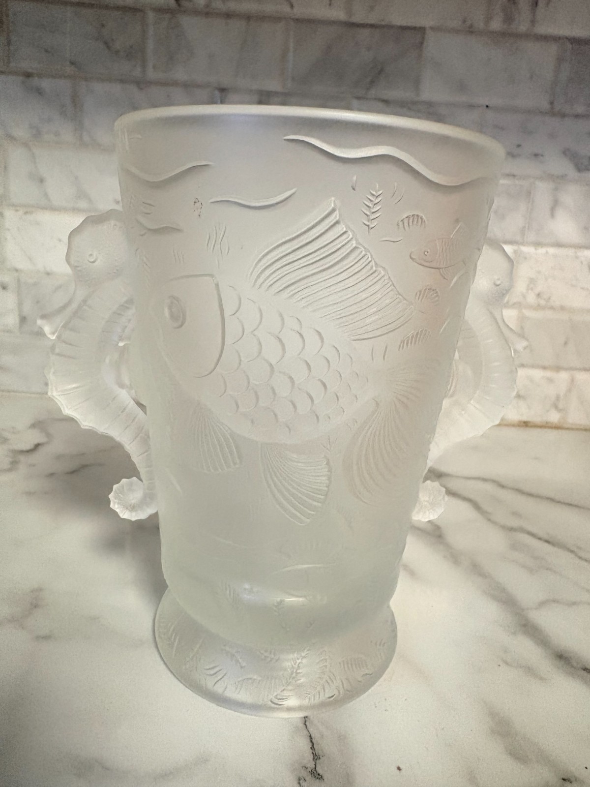 Vintage Art Deco Barolac Frost Glass Vase Josef Inwald 1930 Koi Seahorse Handles