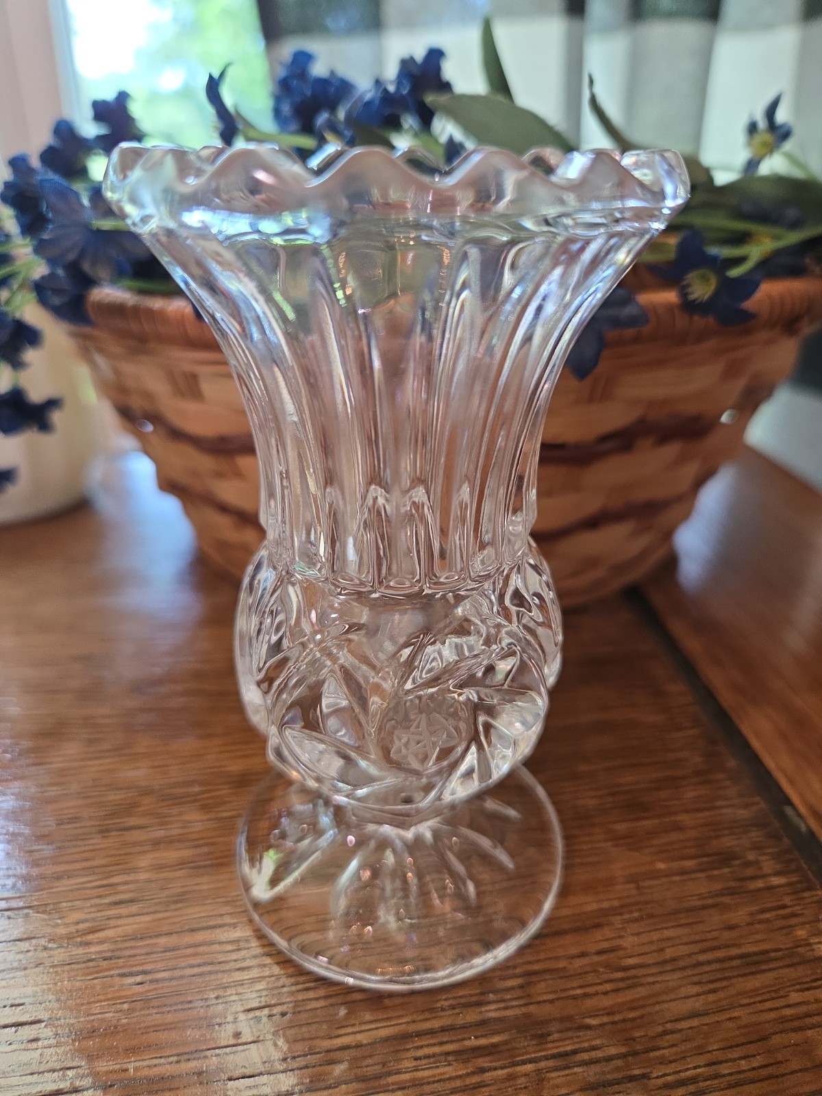 Crystal Footed Vase 6 Point Star Scalloped Rim 4 1/4 Inches Tall Cut Glass