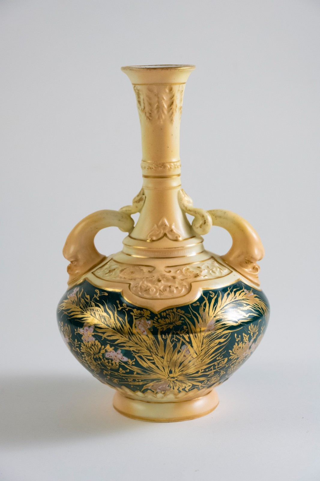 Vintage Rudolstadt German Ceramic Vase 5752; 1887-1918 Ivory Blush, Emerald Gold