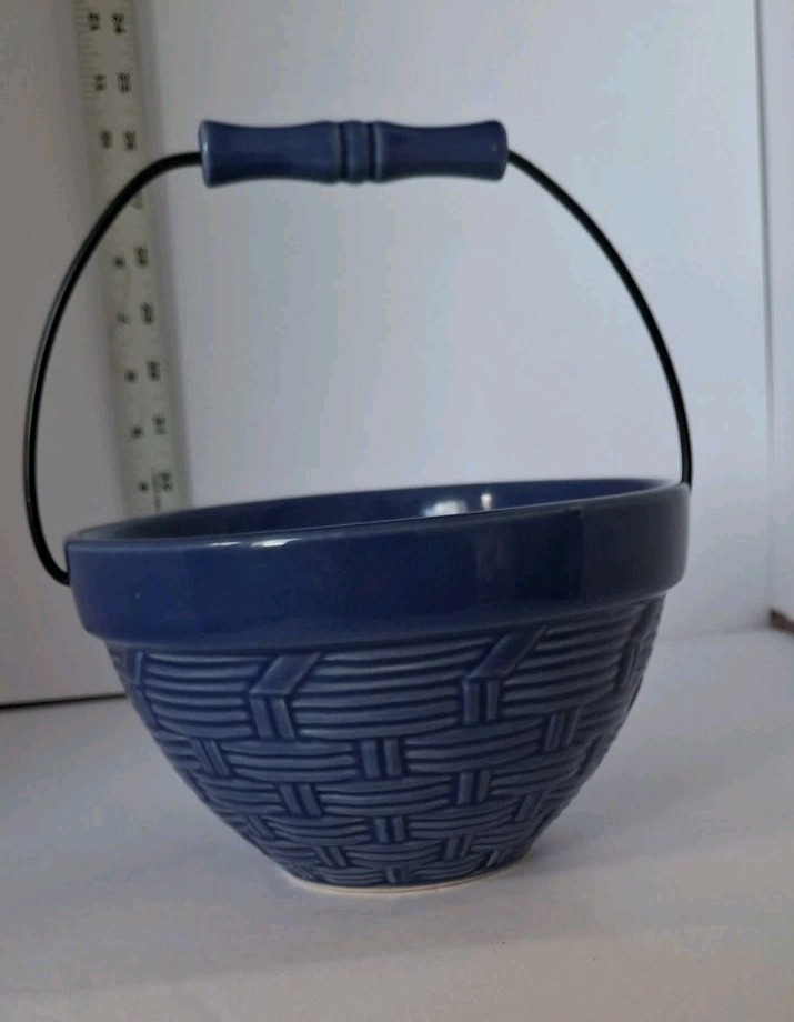 WCL Blue Ceramic Basketweave Bowl with Handle Vintage Pottery Decorative Basket