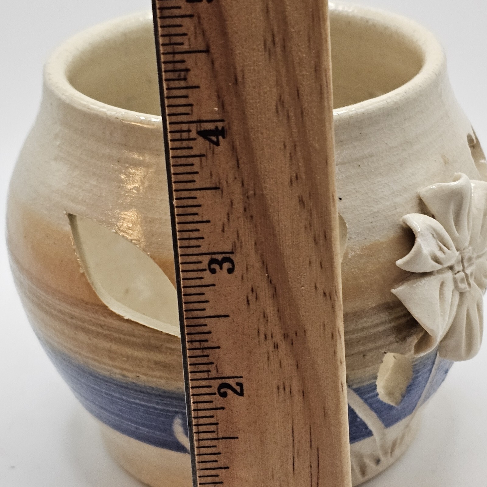 Studio Art Pottery Candle Votive Holder Floral Design Signed READ