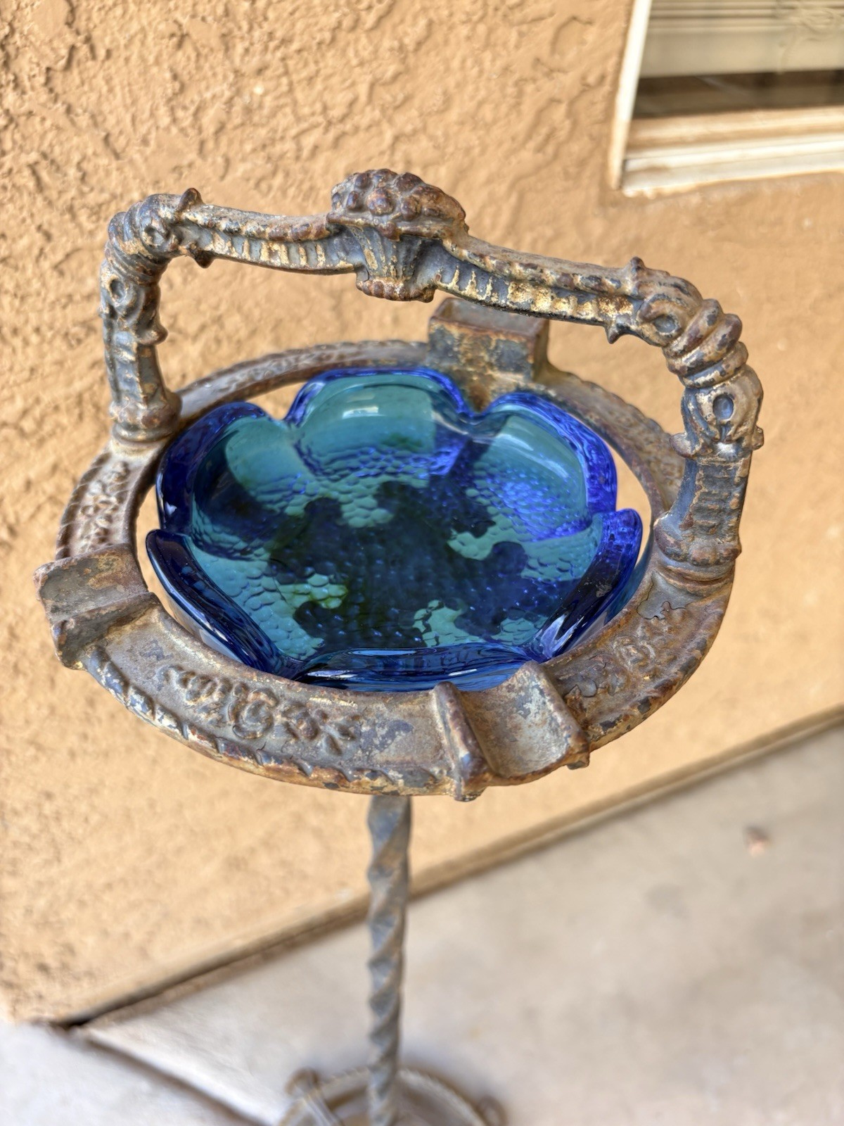 GORGEOUS Vintage ORNATE Art Nouveau Ashtray Stand Cast Iron Blue Glass Flowers!