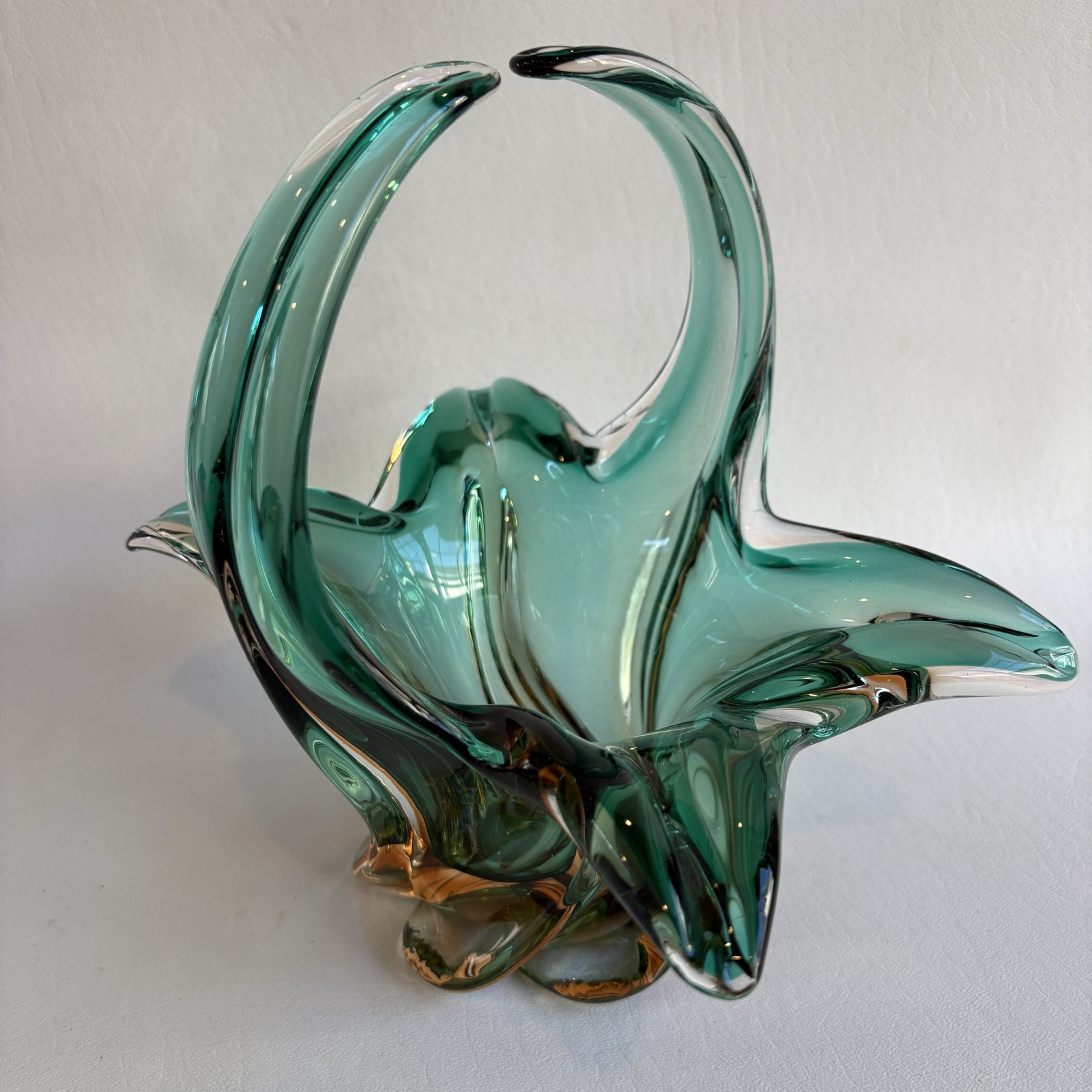 Vintage Green and Orange Art Glass Decorative Basket – 9” Height
