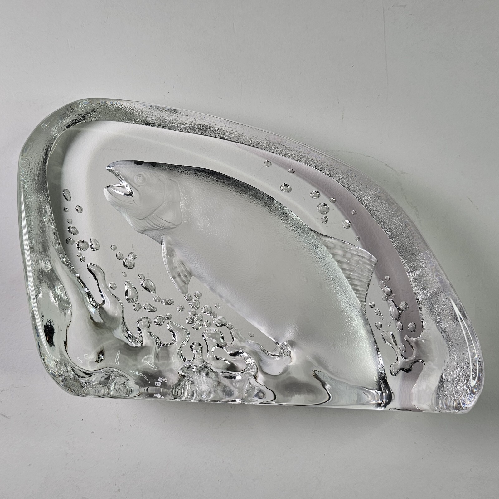 Vintage Swedish Art Glass Crystal Paperweight MATS JONASSON Running Salmon Fish