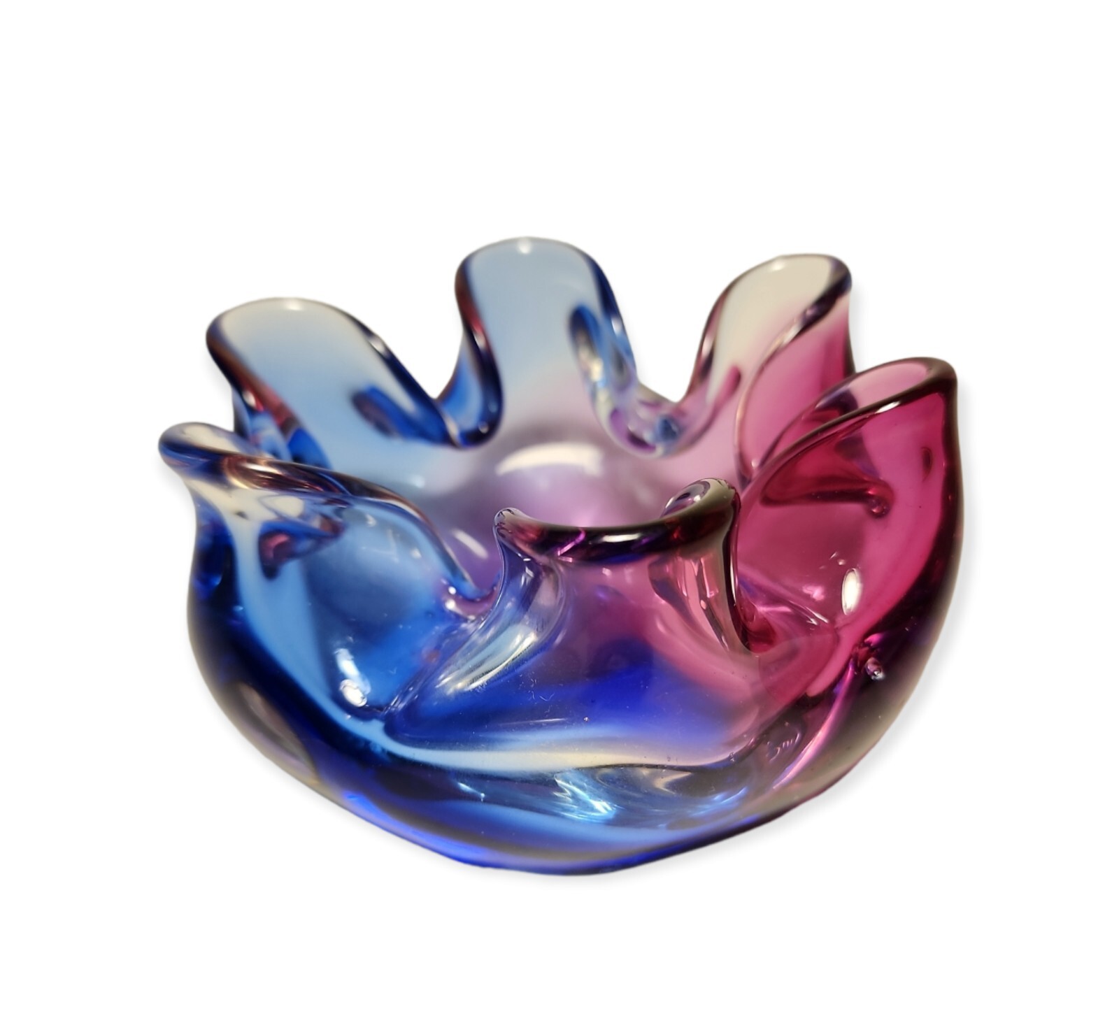 Murano Art Glass Dish Bowl Ruffled Rolled Edges Purple Blue 5″ Diameter
