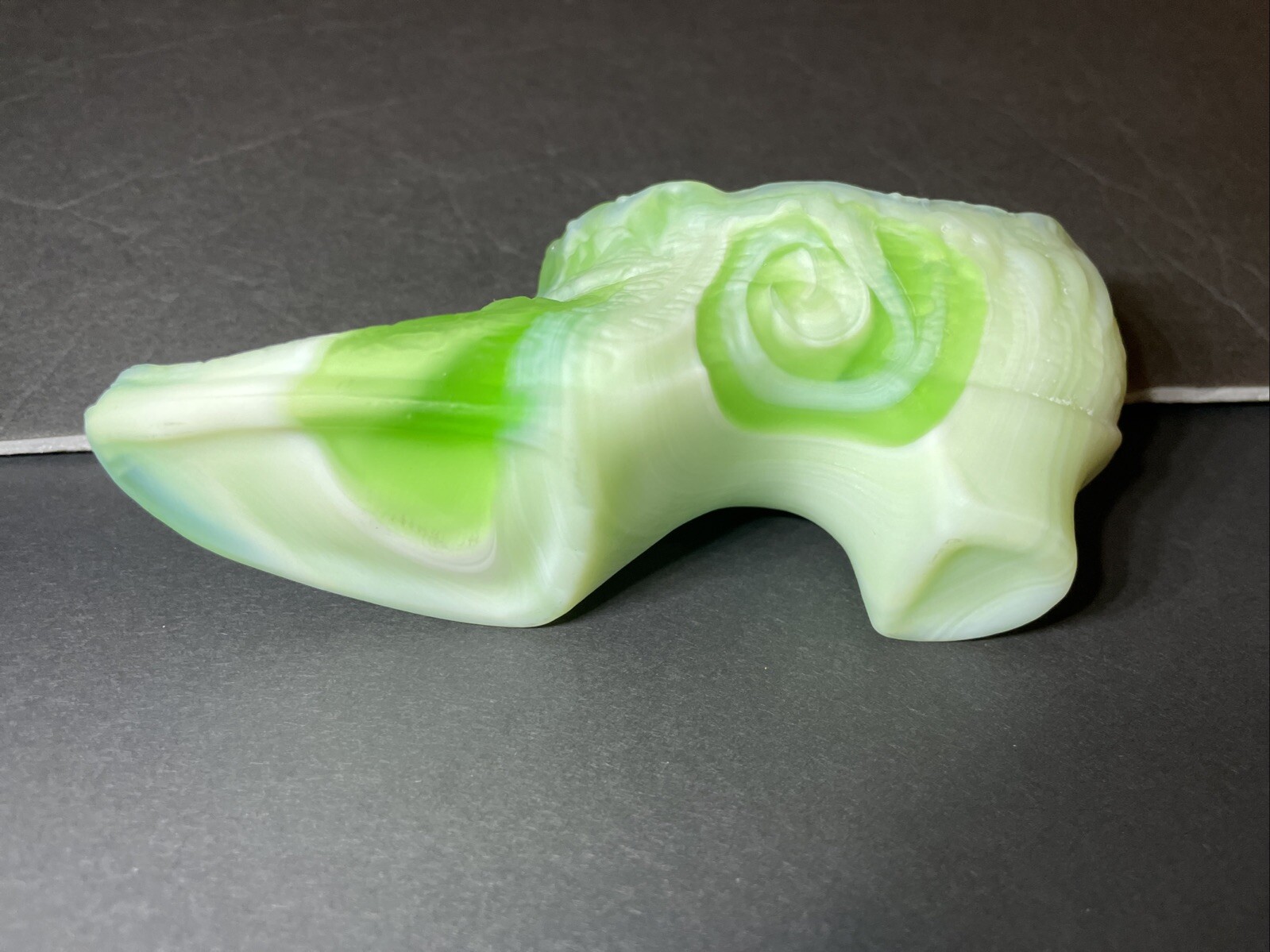Green White Swirl Slag Marbled Glass Cabbage Rose Slipper Shoe Glows