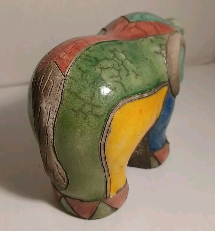 Raku Pottery Elephant Sculpture South Africa Bright Colors Trunk Up Good Luck