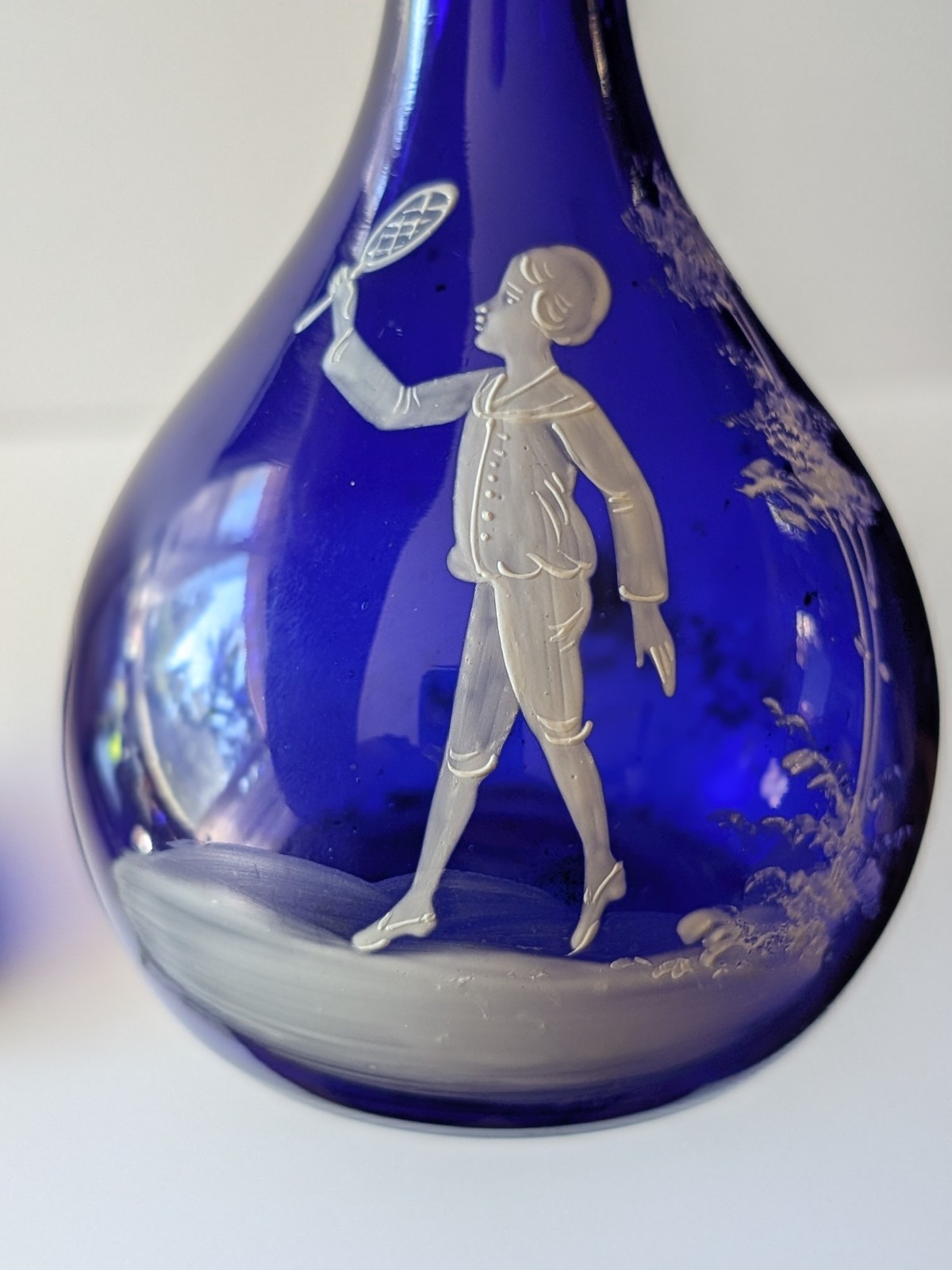Pair Mary Gregory Cobalt Blue Barber Bottles Boy Girl Victorian Glass Vase