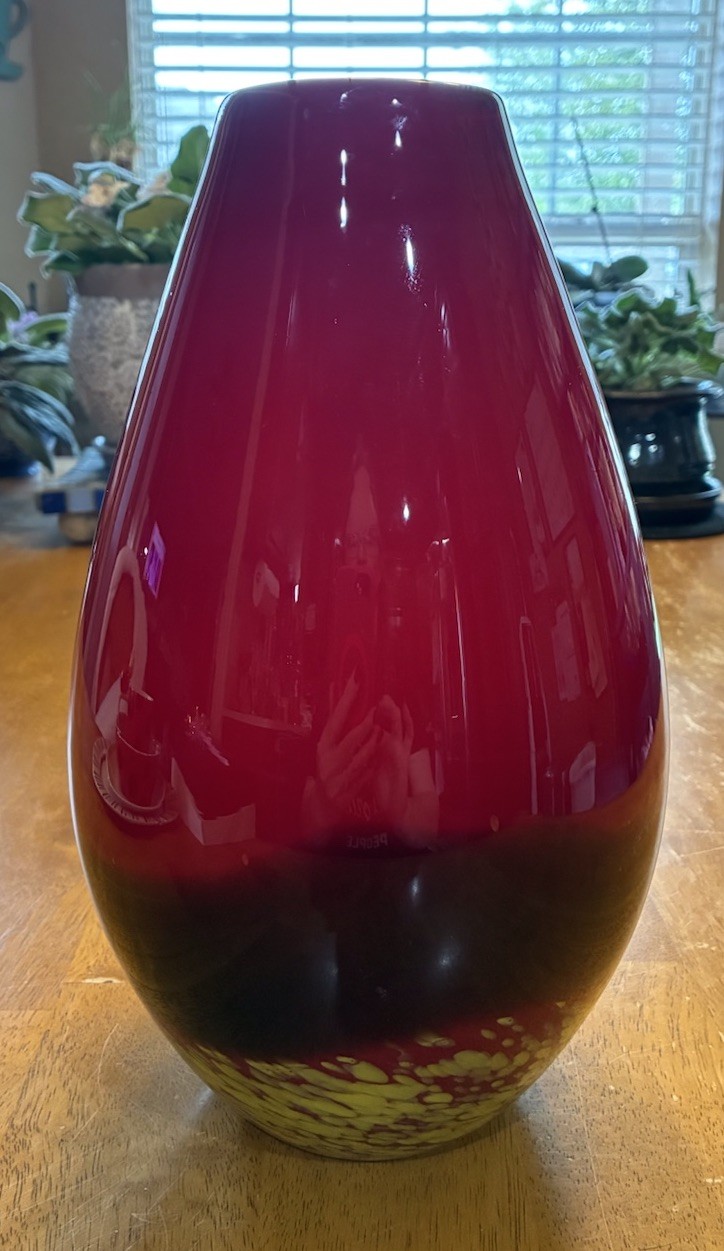 Red Black & Lime Green Art Glass Vase Made in China Medium Size