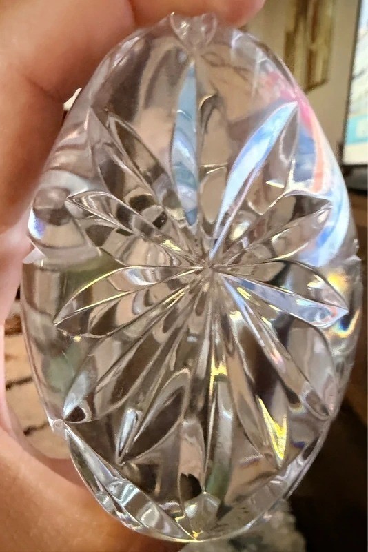 Polish Crystal Oval Paperweight Ofnah 24% Lead Etched Cross Starburst Design