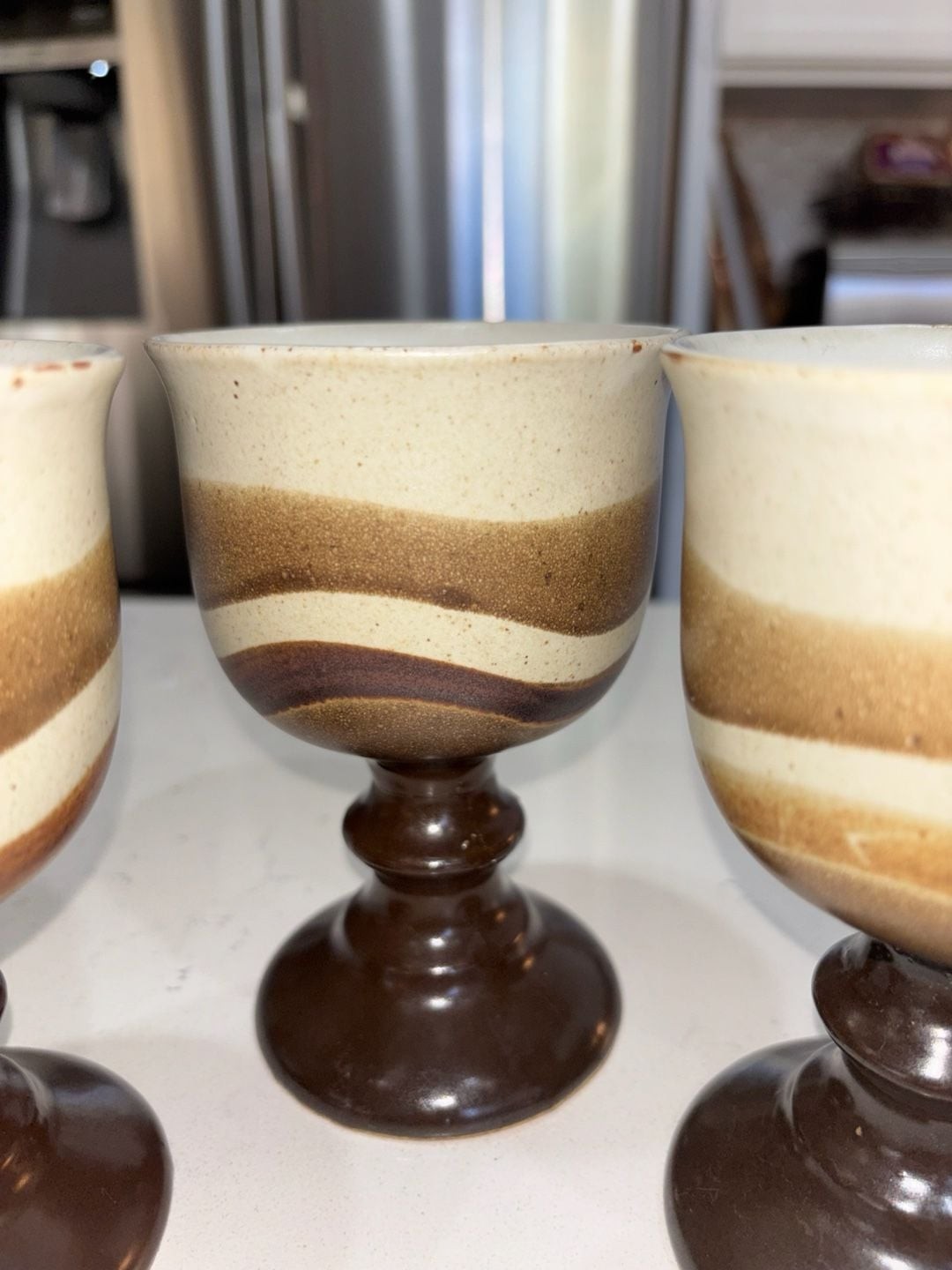 Vintage Otagiri Stoneware Goblets Brown and Cream Swirl 5.5” Set of 3